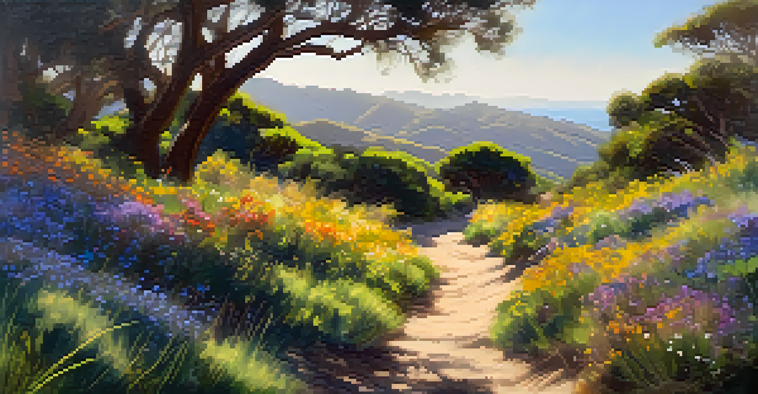 A picturesque hiking trail in the Santa Monica Mountains with wildflowers and ocean views.