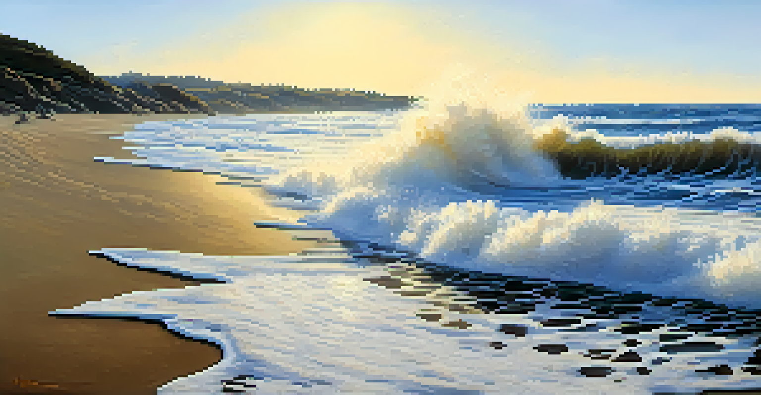 Close-up of ocean waves crashing on the shore with a swimmer in the background and a warning flag.