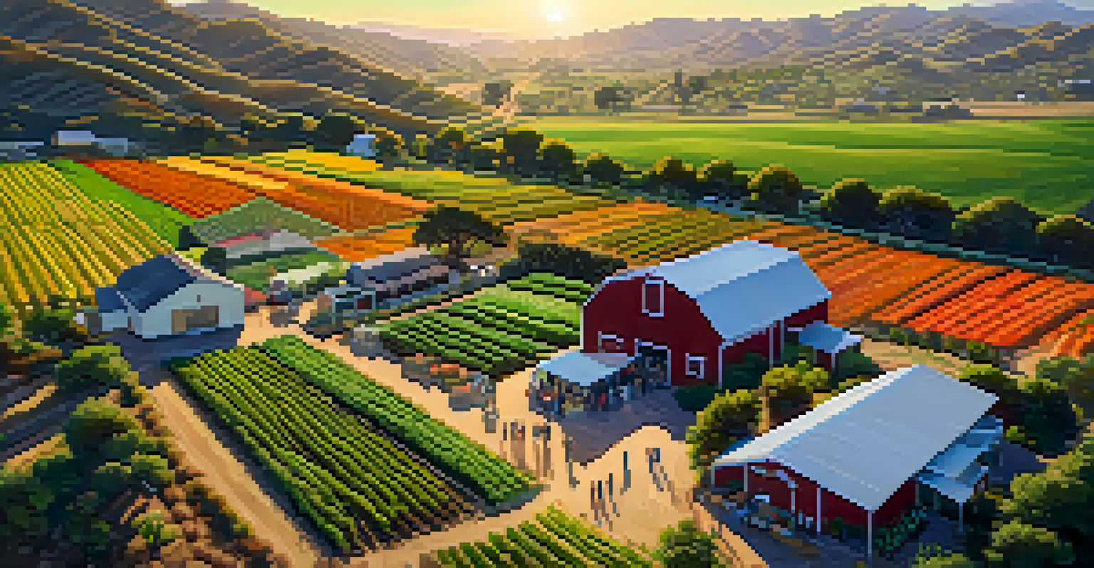 An aerial view of an organic farm in Malibu with visitors learning about sustainable farming.
