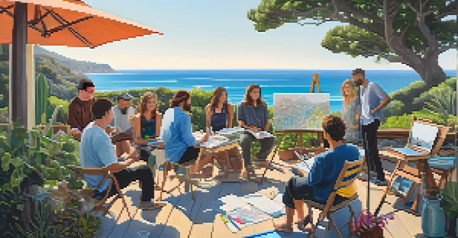 A diverse group of artists and filmmakers collaborating outdoors in Malibu, surrounded by greenery and ocean views, engaged in creative activities.