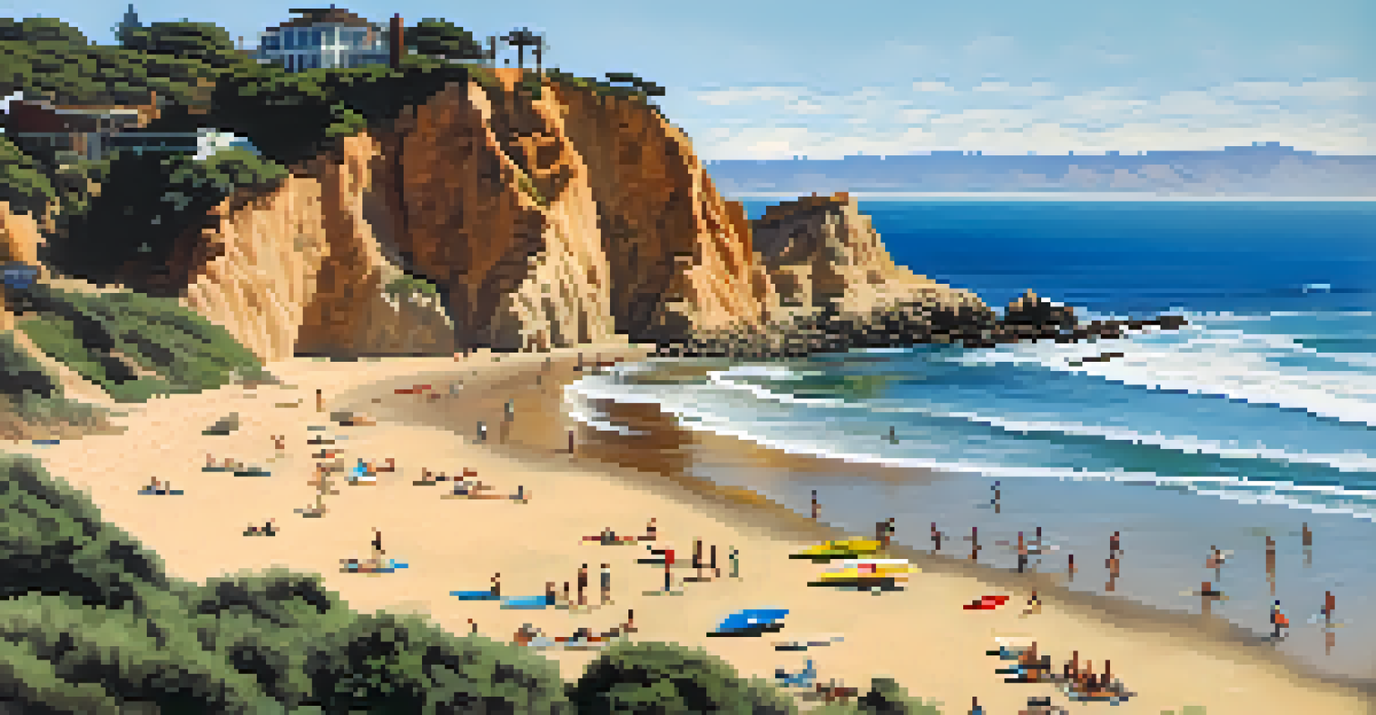 Surfers riding the waves at Point Dume State Beach with dramatic cliffs in the background and people walking along the sandy shore.