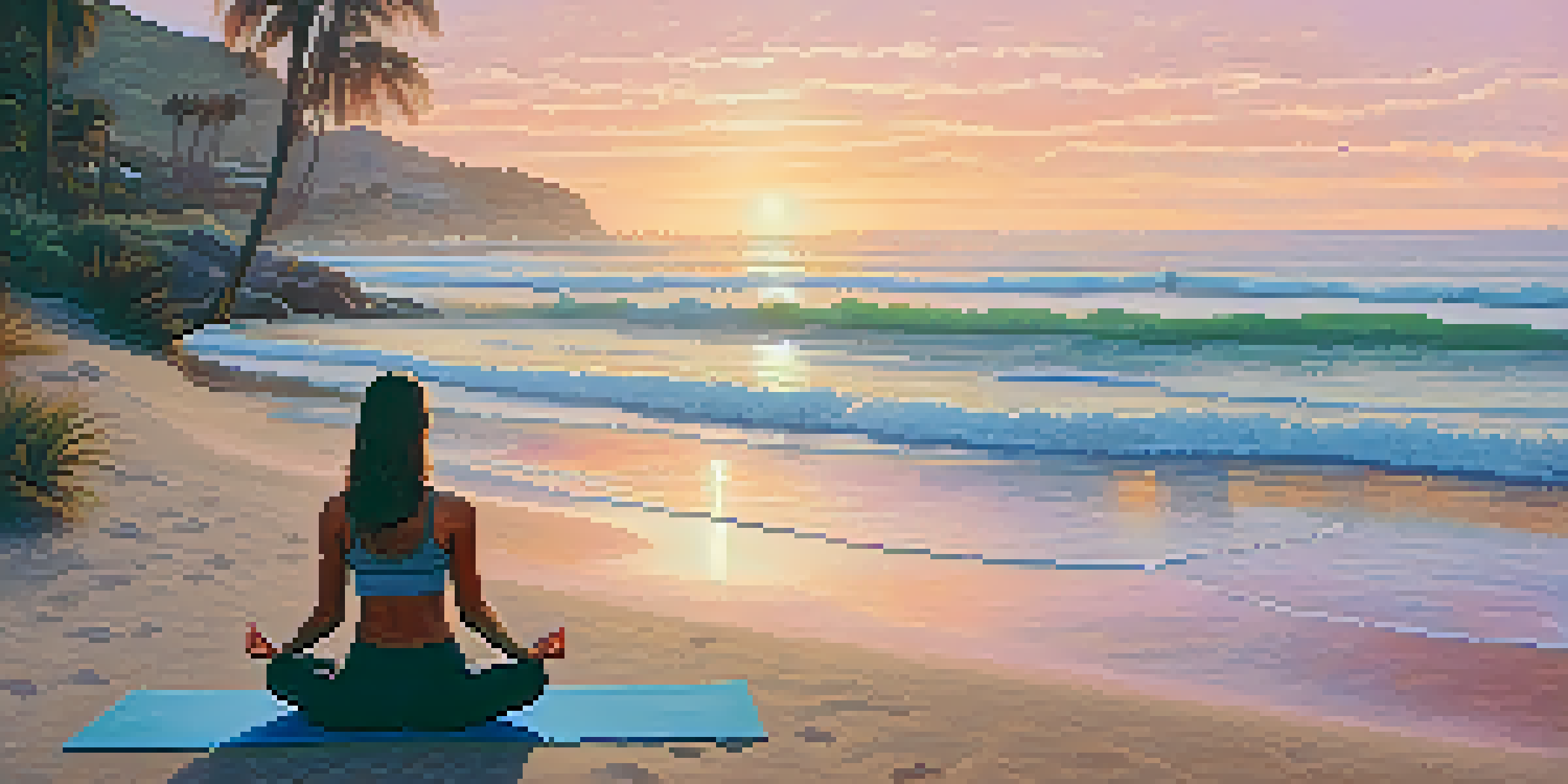 A person practicing yoga on the beach at sunrise, with ocean waves and a pastel-colored sky.