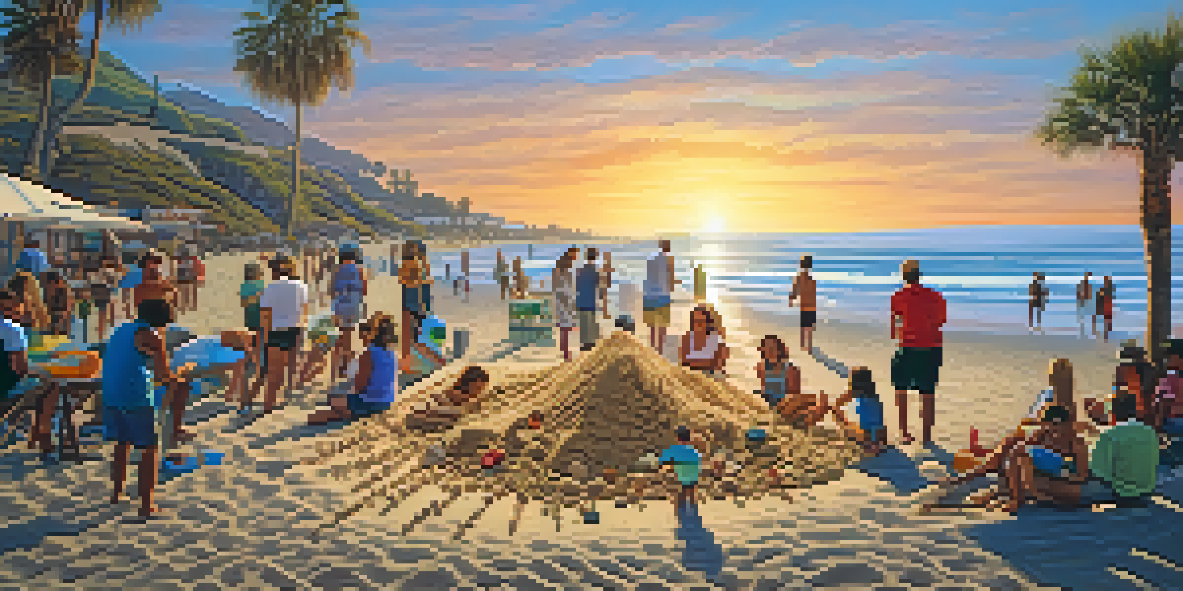 Artists creating sand sculptures on a Malibu beach during sunset, with colorful materials and onlookers.