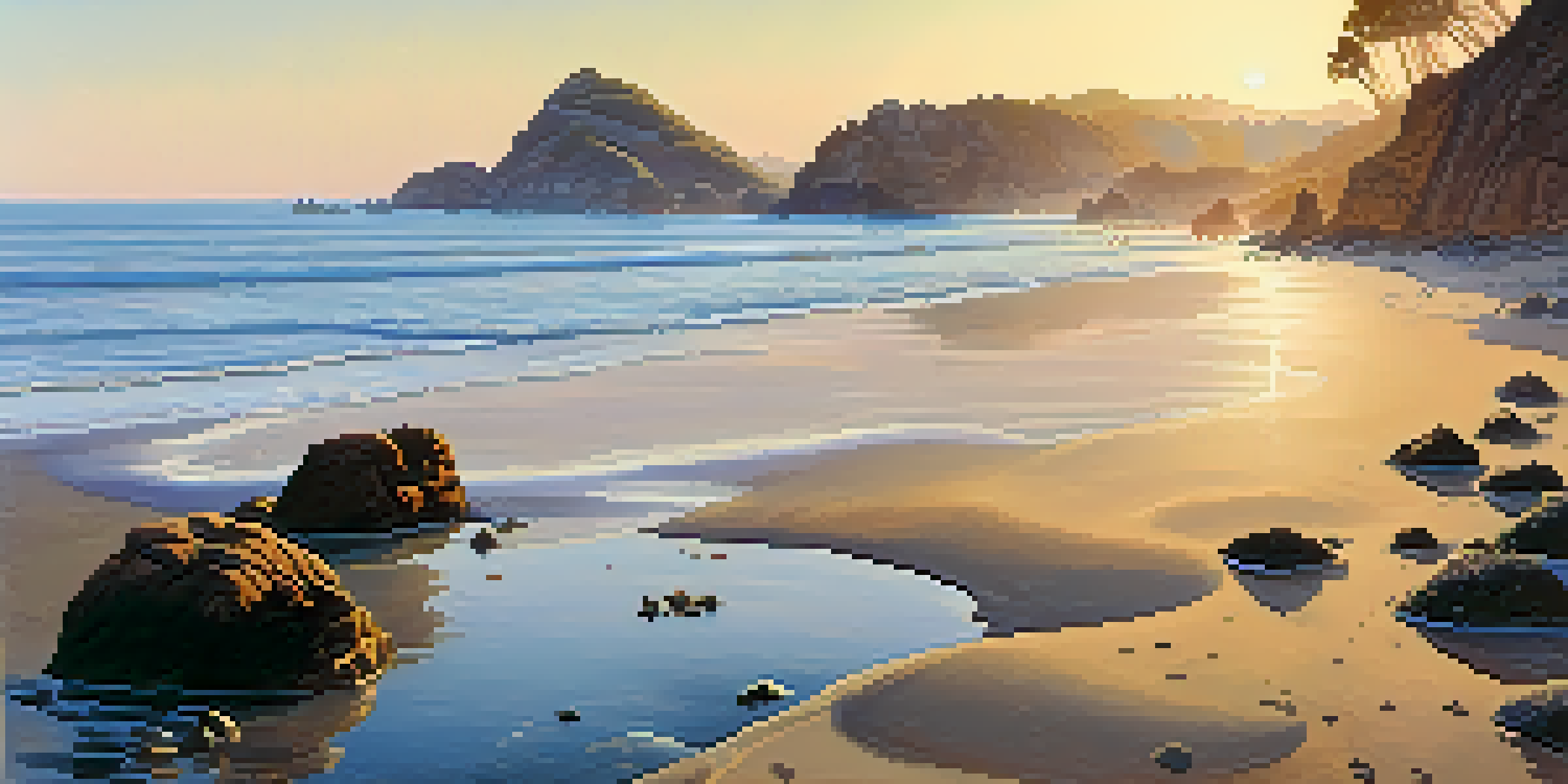 A peaceful hidden beach in Malibu with cliffs and tide pools during sunset, showcasing marine life.