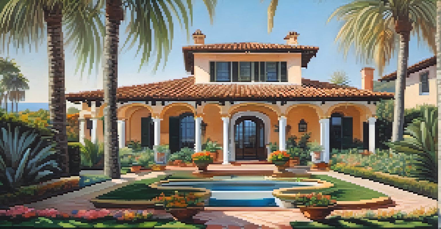The Adamson House in Malibu, showcasing its Spanish Colonial architecture and vibrant gardens with a view of the ocean.