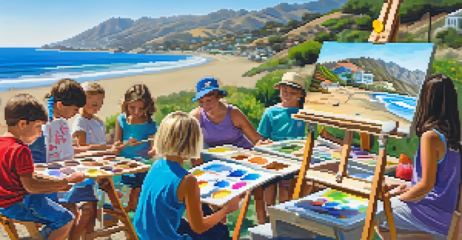 A lively outdoor community art workshop in Malibu, with families and children creating art under the guidance of local artists.