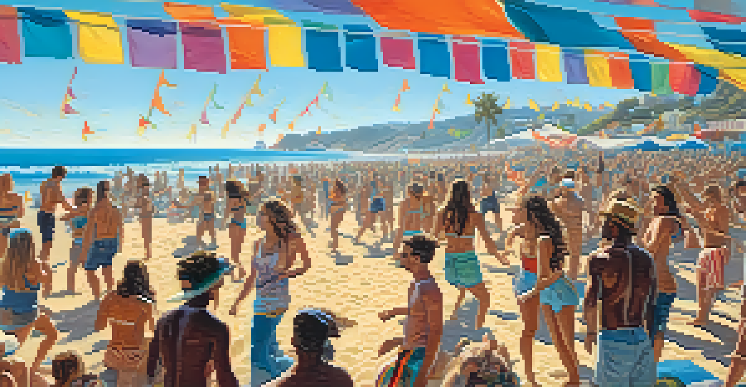 A vibrant music festival on Malibu beach, with musicians on stage, a dancing crowd, and colorful decorations, set against the ocean backdrop.
