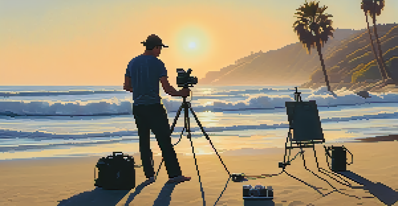 A local filmmaker preparing to shoot a film on the beach with palm trees in the background.