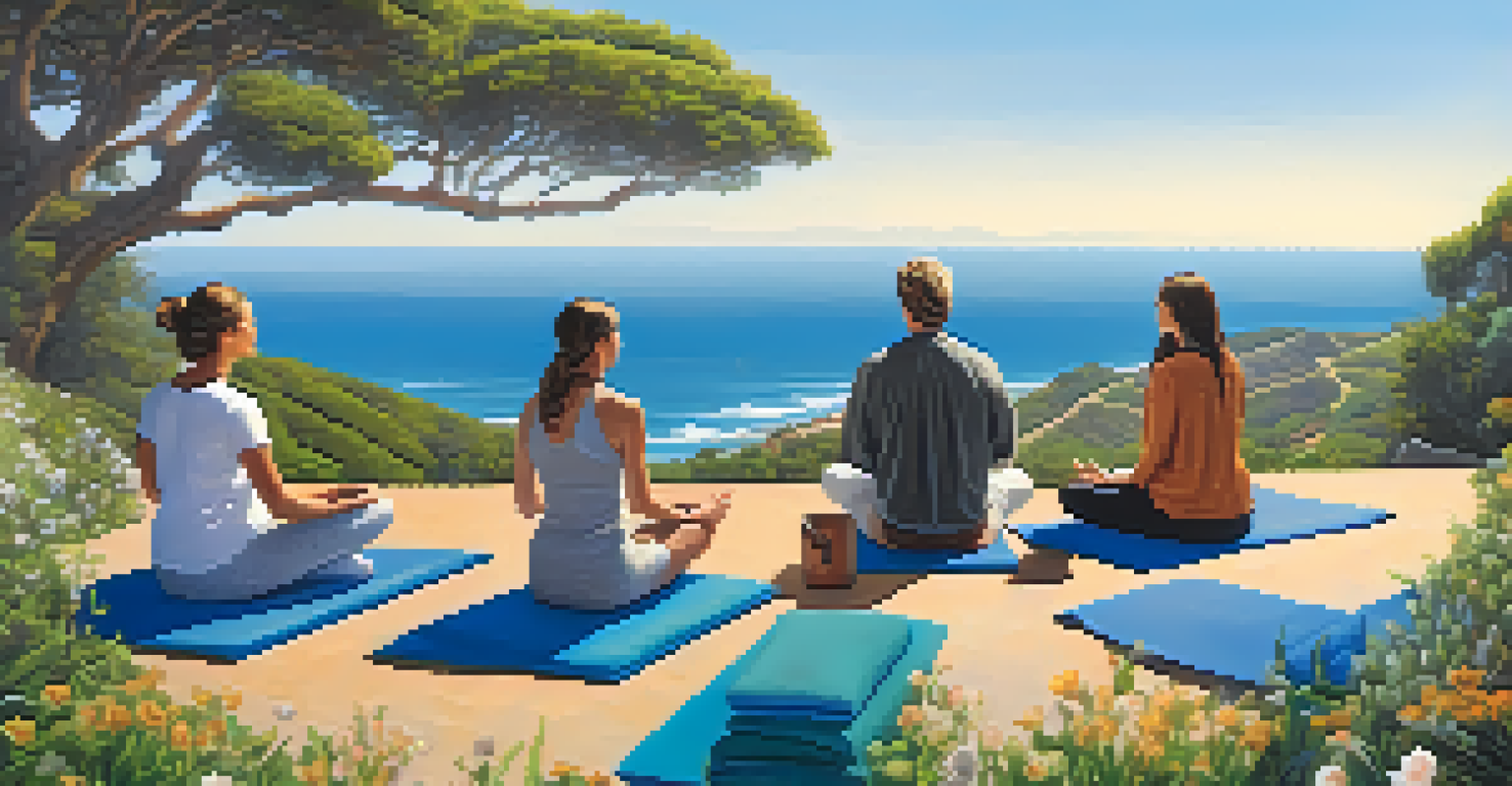 Participants in a meditation session on a hillside, overlooking the ocean and surrounded by greenery and flowers.