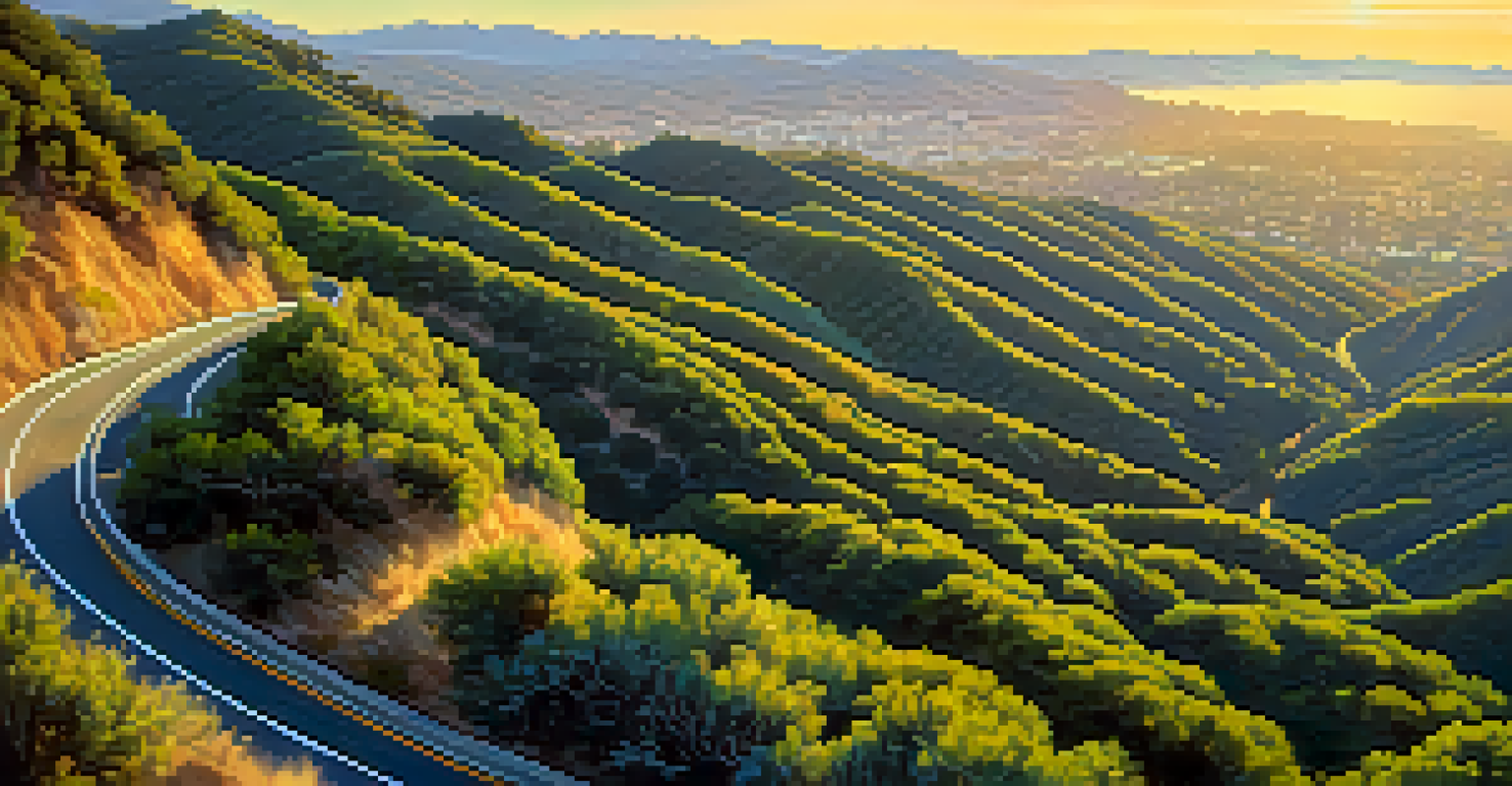 Aerial view of Mulholland Drive surrounded by greenery, with ocean and city skyline views in the distance.