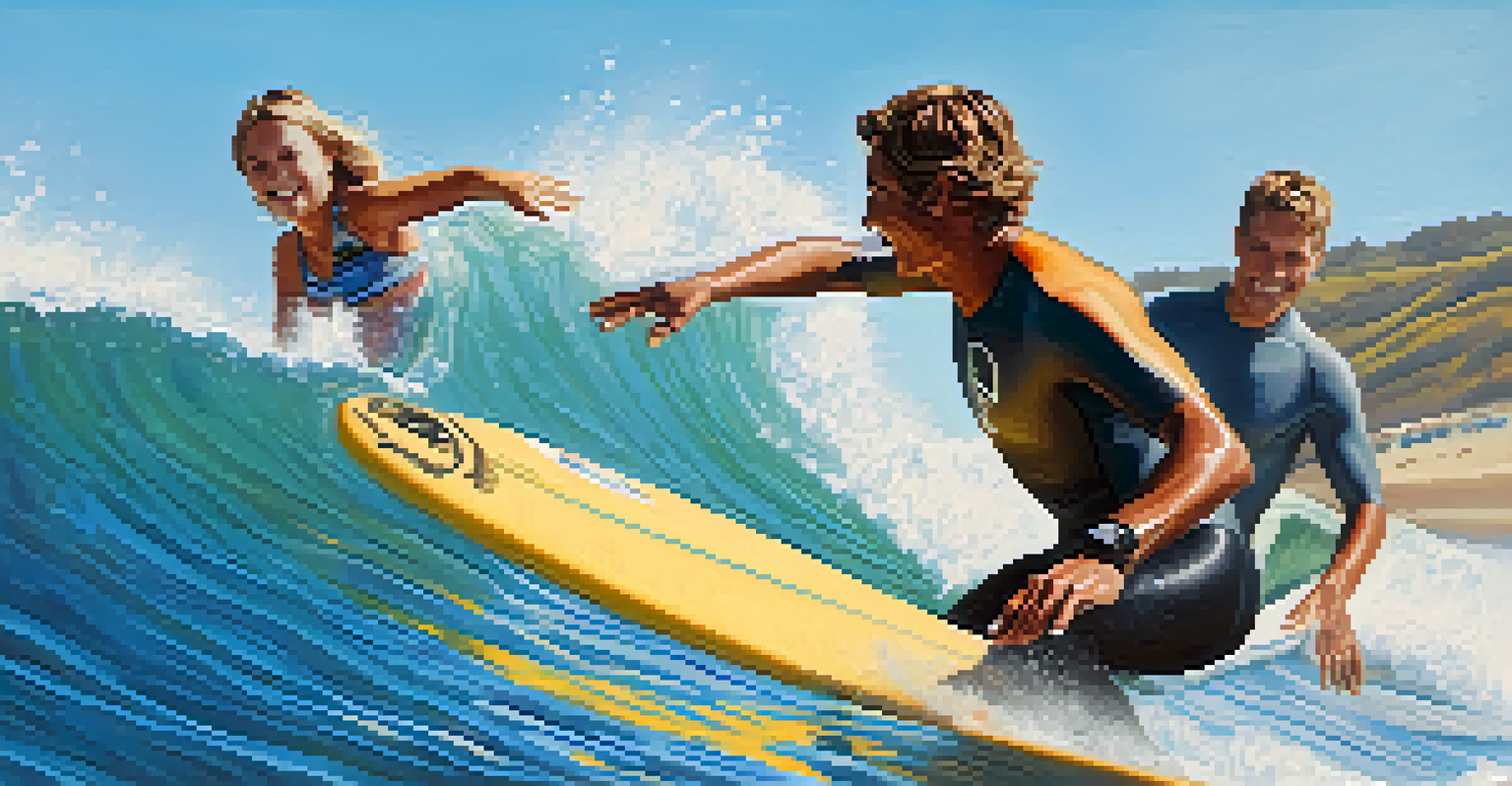A surfer mentoring a newcomer in Malibu, highlighting community spirit and joy in surfing.