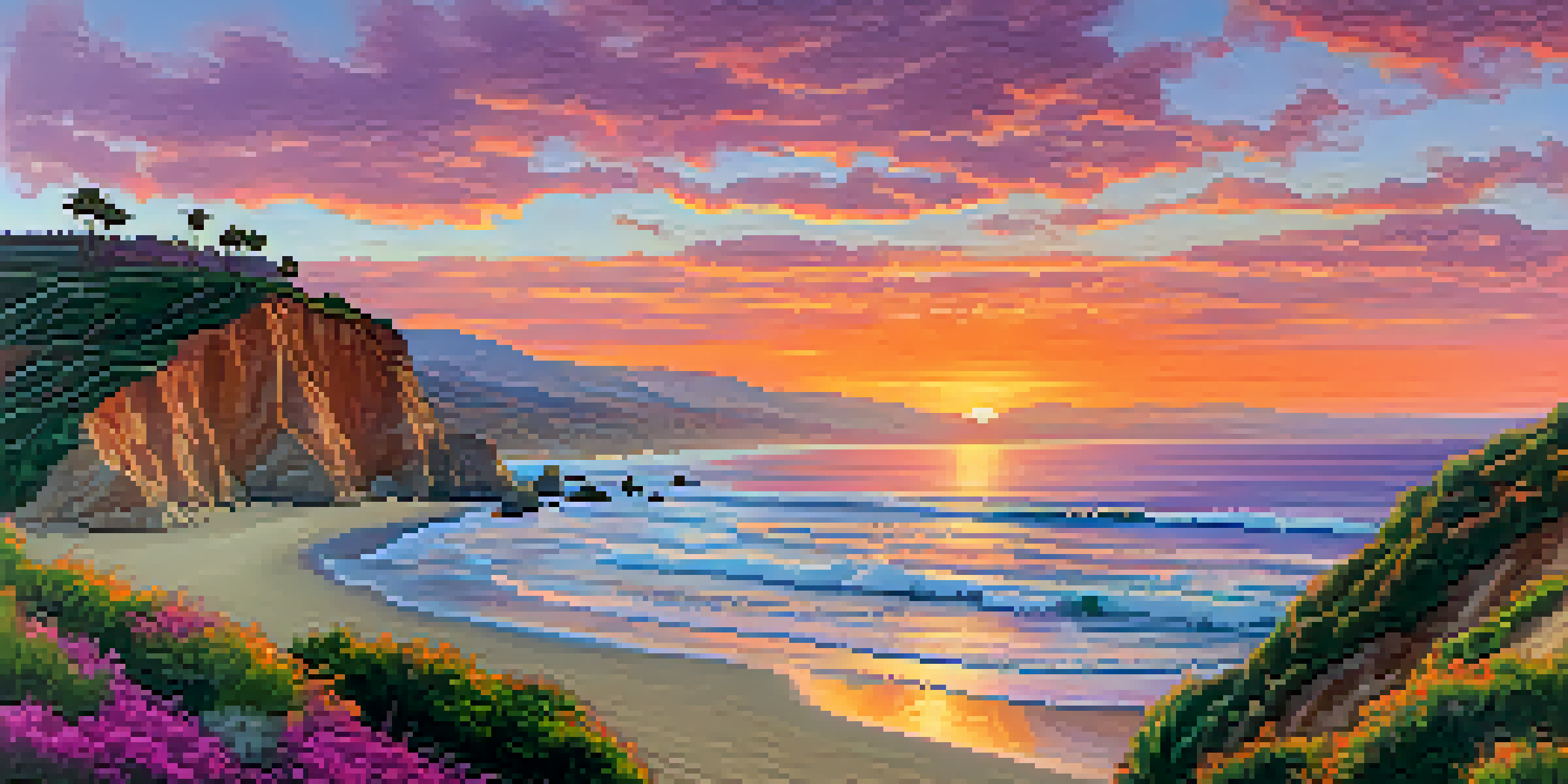 A stunning sunset at Point Dume State Beach with cliffs and sandy beaches, vibrant colors in the sky reflecting on the ocean.