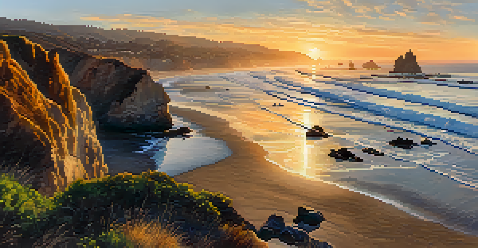 A beautiful sunset at El Matador State Beach with rugged cliffs and people exploring tide pools.