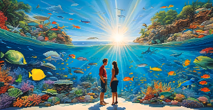 A colorful mural illustrating marine life with fish and coral, while people gather in front, appreciating the artwork.