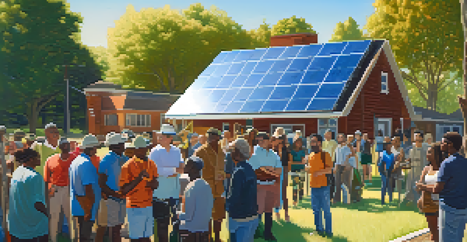 A diverse group of residents collaborating on a community solar project with solar panels in the background.