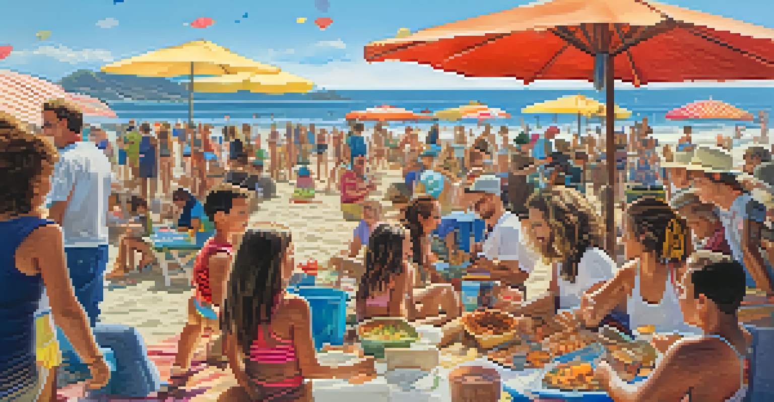 Families enjoying a beach party with live music, art vendors, and children playing in the sand.
