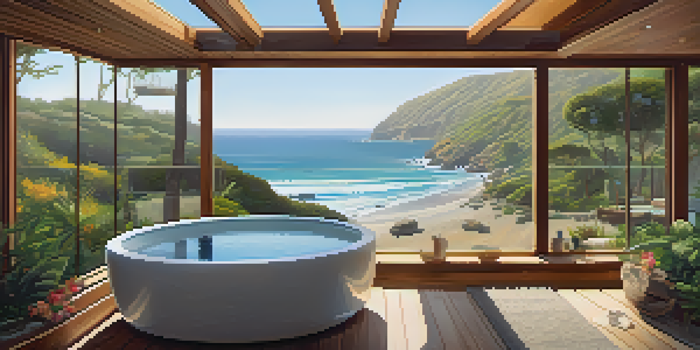 A coastal view of an eco-friendly spa in Malibu, surrounded by greenery and flowers, with sunlight filtering through the trees.