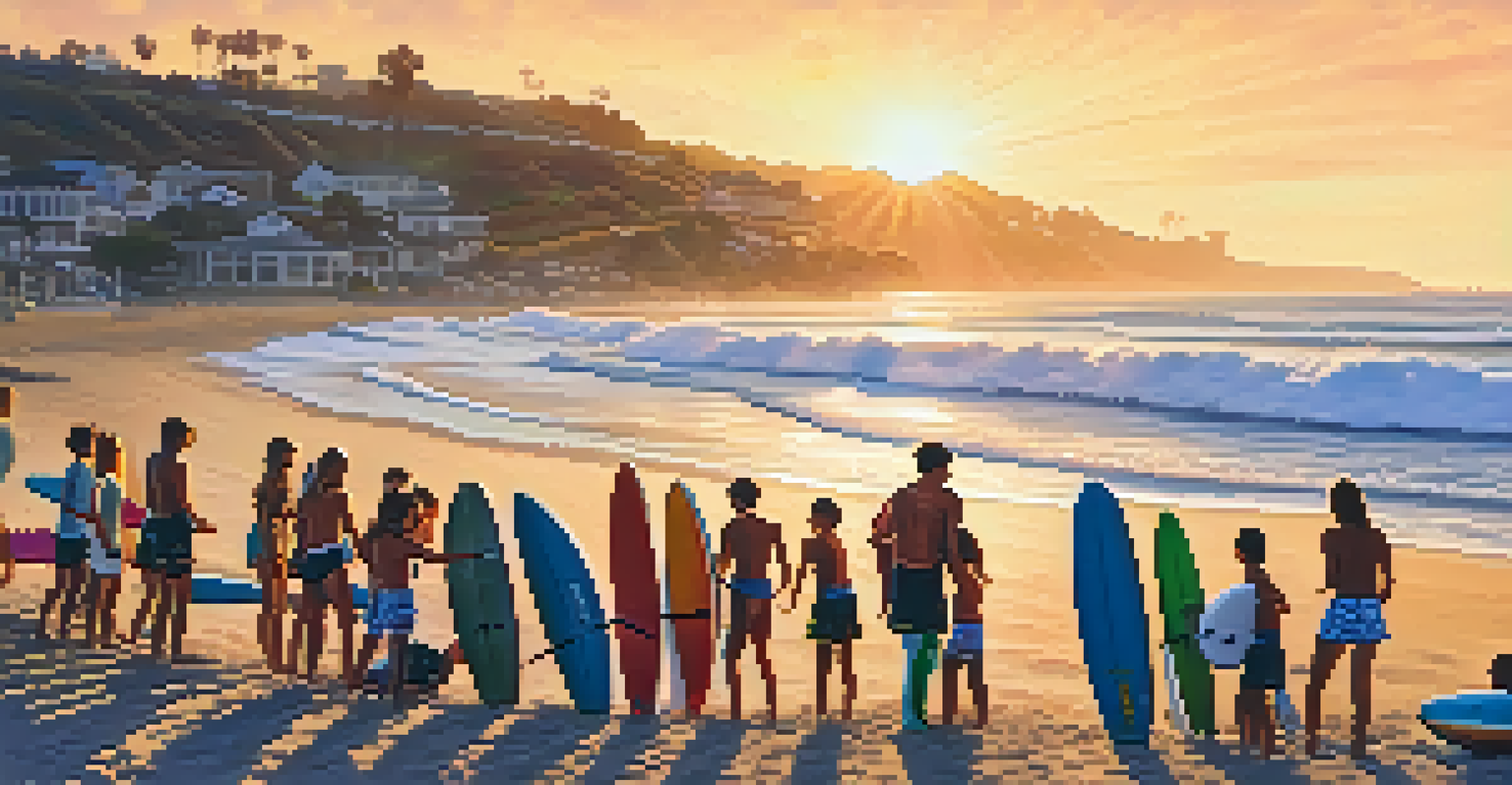 A lively surfing school in Malibu with students and instructors on the beach during sunset, showcasing excitement and camaraderie.
