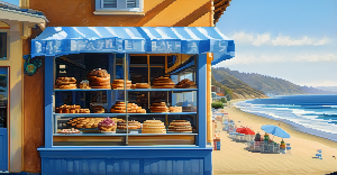 A charming beachside bakery with a variety of pastries and desserts, ocean waves in the background and beach umbrellas on a sunny day.