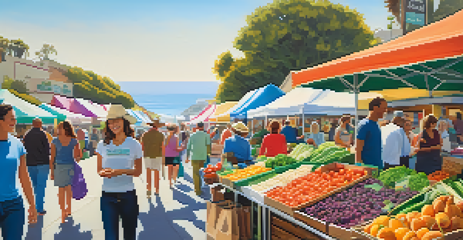 A lively Malibu farmers' market with colorful organic produce and shoppers using reusable bags.