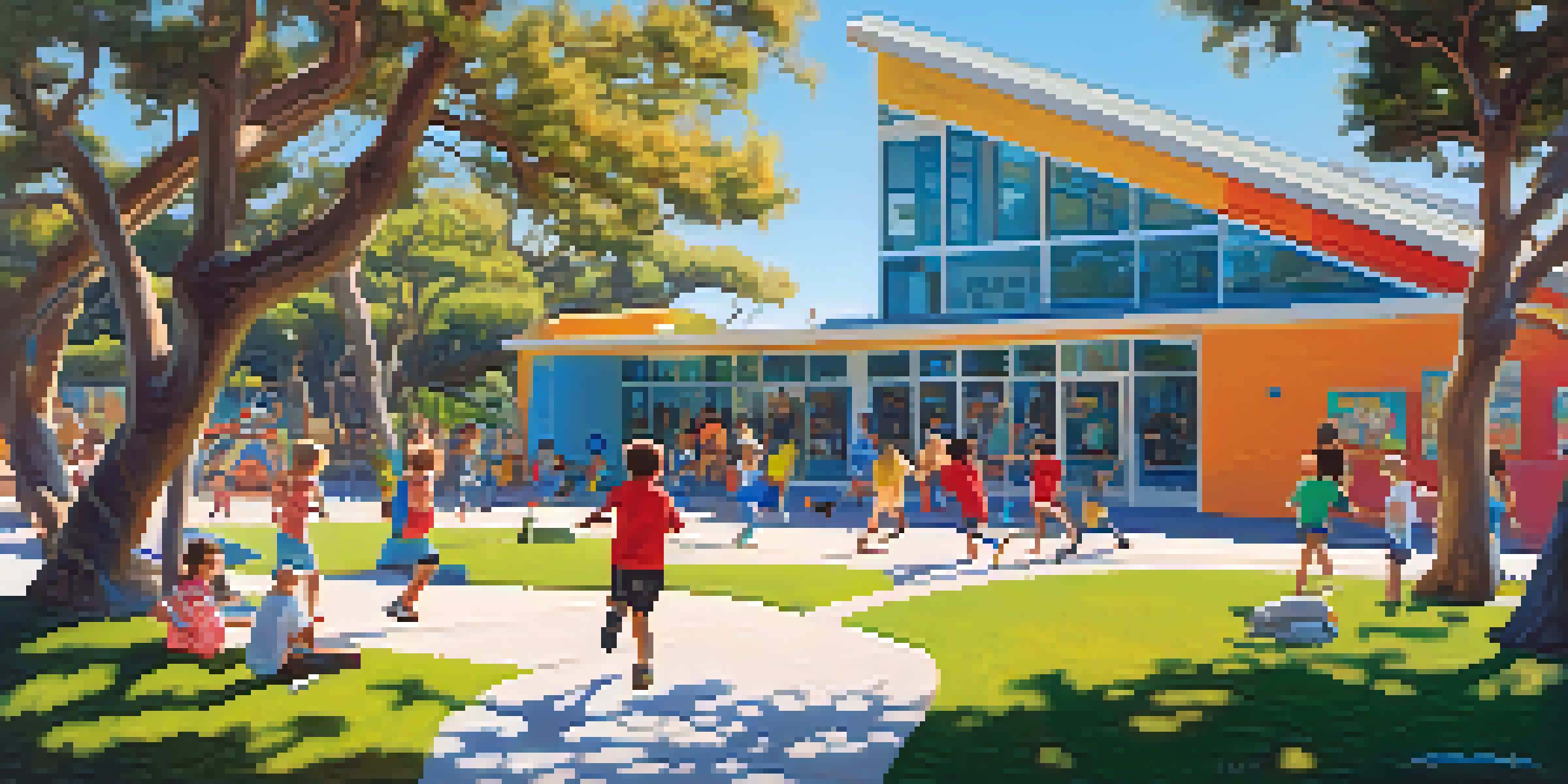 A picturesque Malibu elementary school playground with diverse children playing and a modern school building in the background, under a bright blue sky.