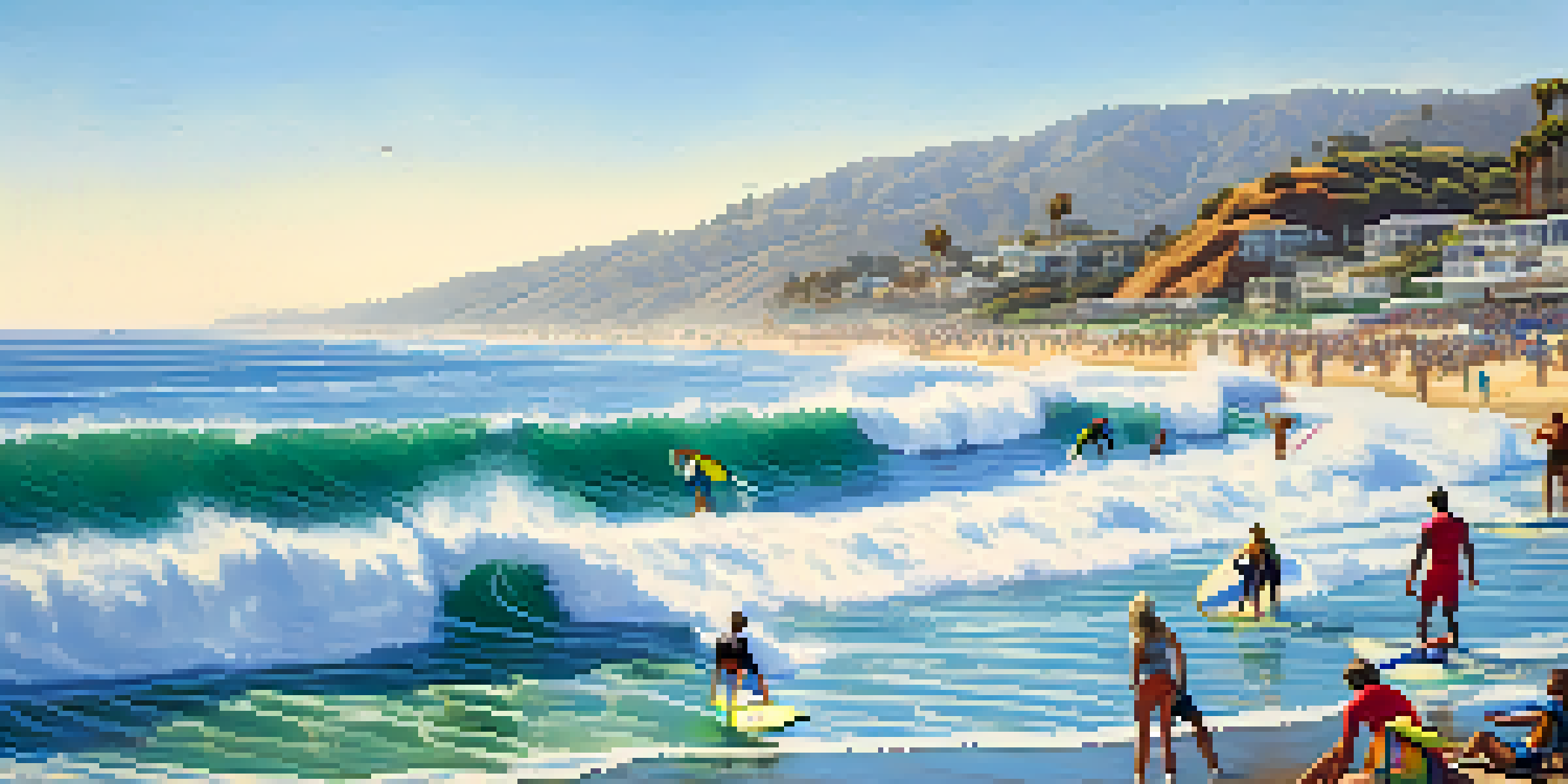 Surfers riding waves at Malibu Point on a sunny day, with spectators on the beach and colorful surfboards.