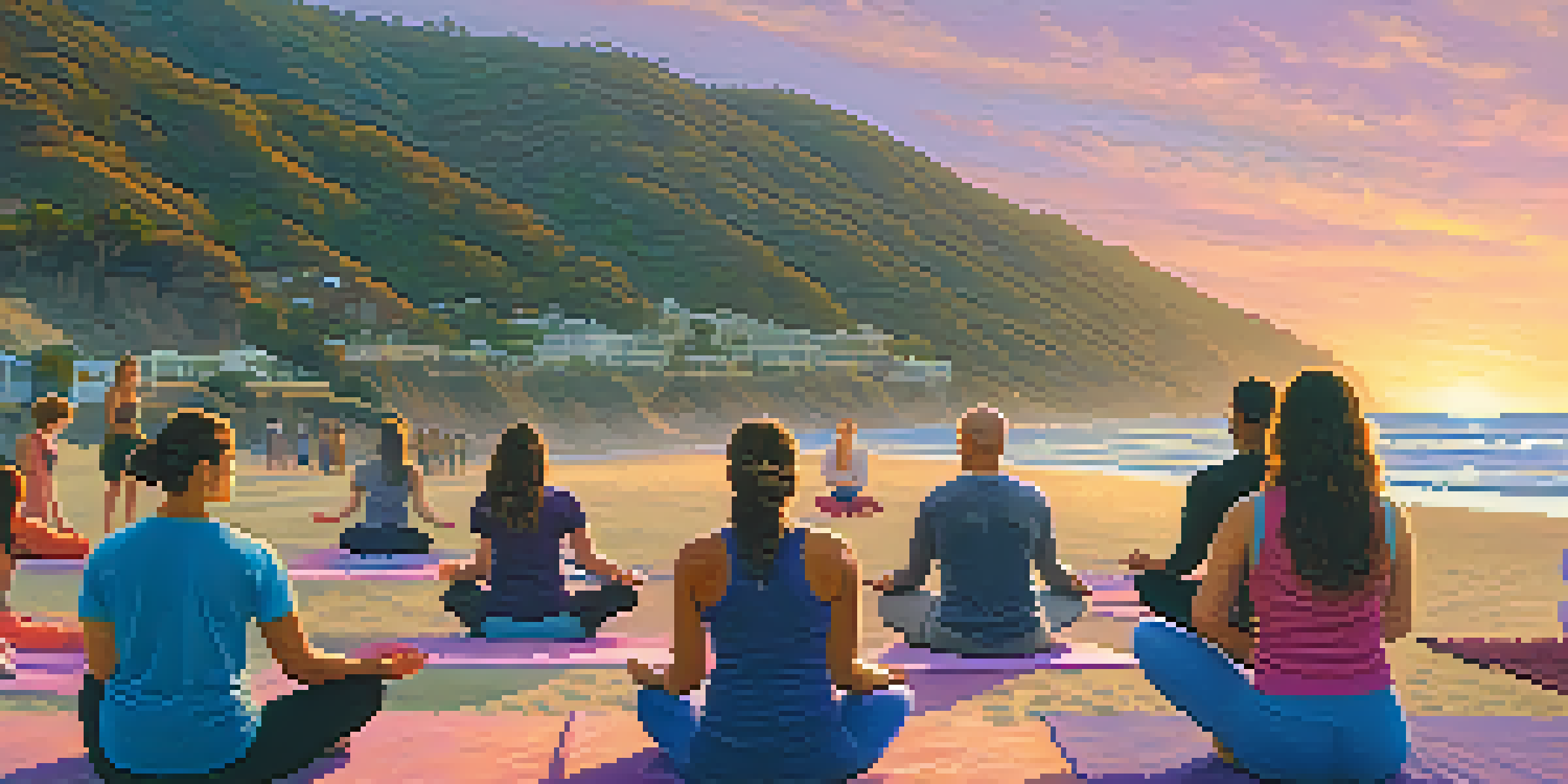 A group of people practicing yoga on a beach at sunset, with a colorful sky and gentle waves.