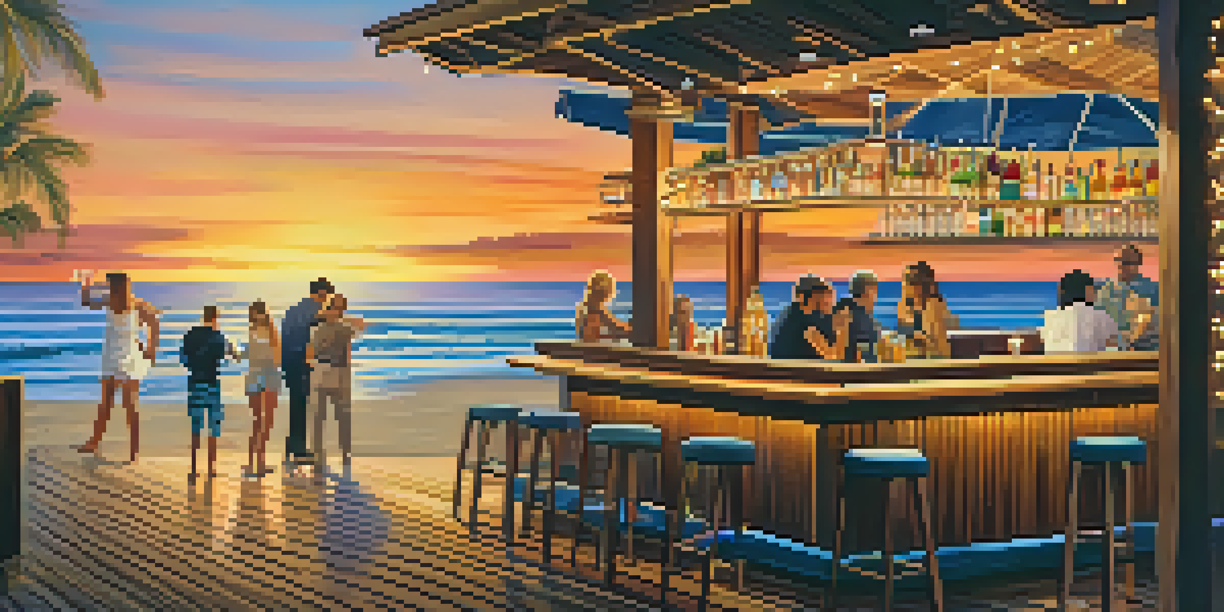 A bustling beachfront bar in Malibu during sunset, with people enjoying drinks and warm lighting.