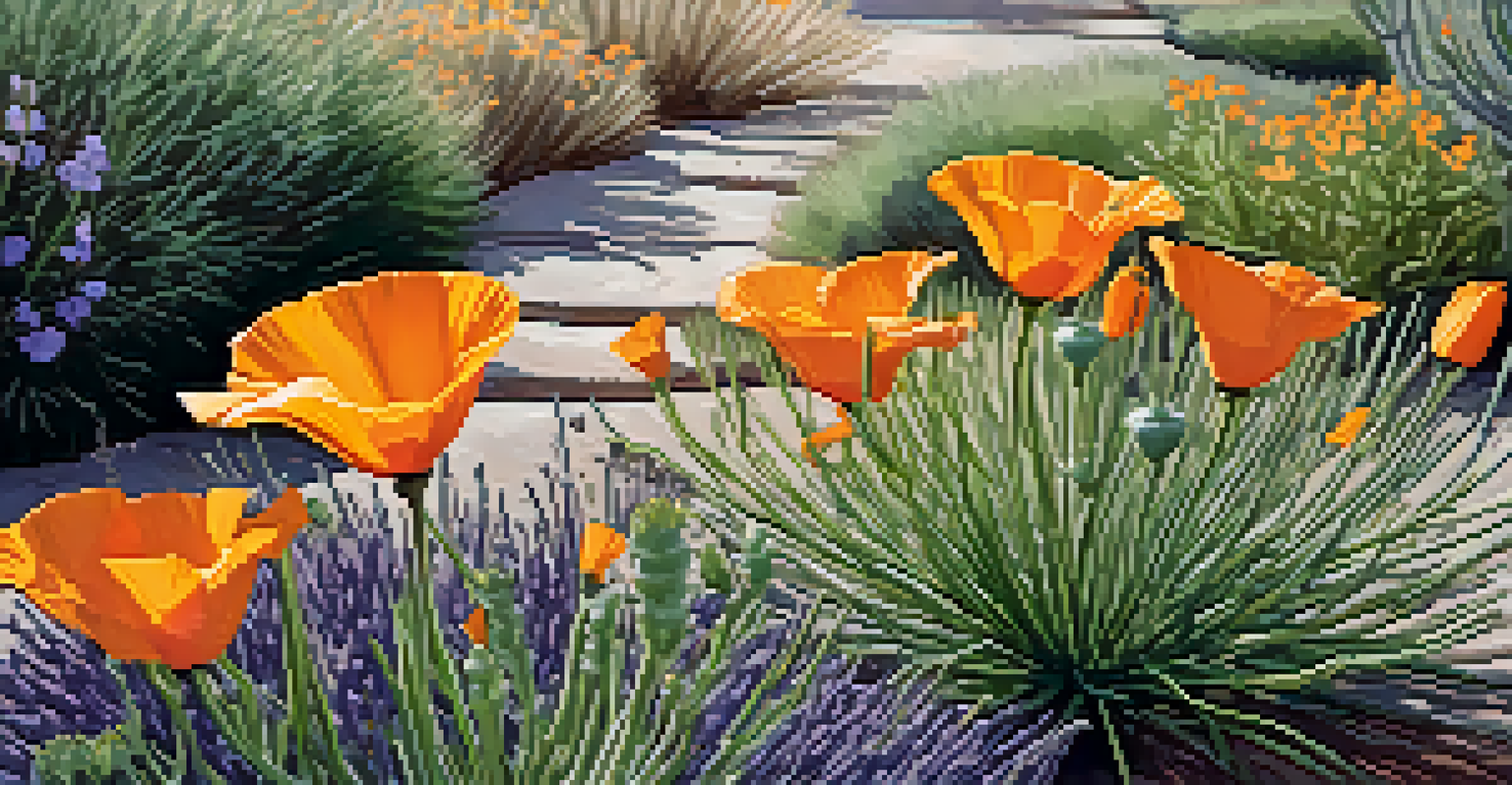 Close-up of a xeriscaped garden with California poppies and lavender, showcasing vibrant colors and textures in sunlight.