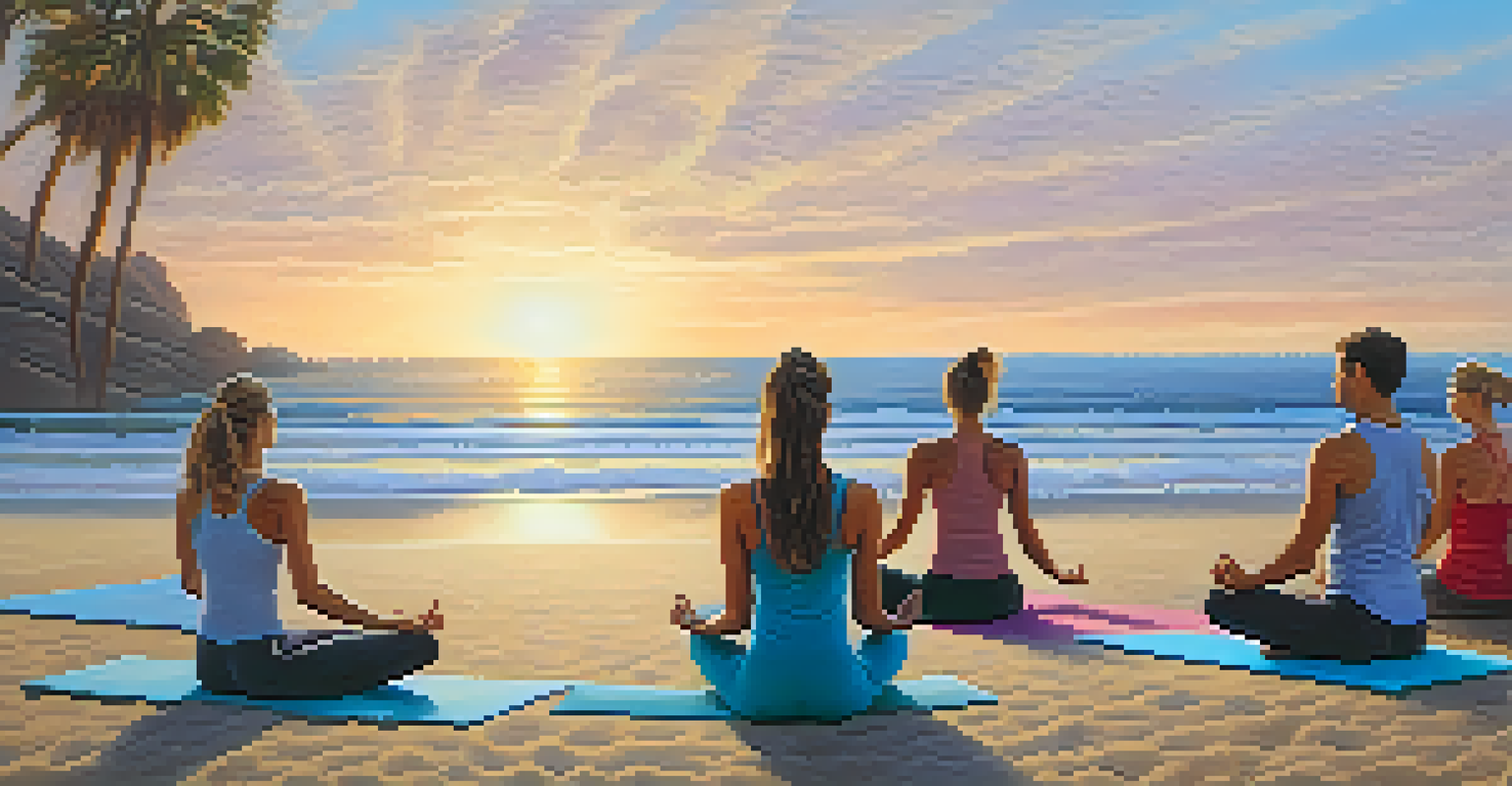 A group yoga class at sunrise on a Malibu beach, with participants on yoga mats and palm trees around them.
