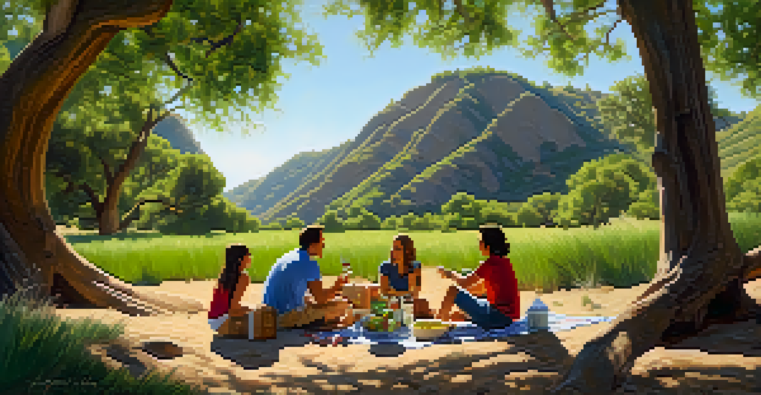 A family having a picnic under trees in a park with rocks and a creek.