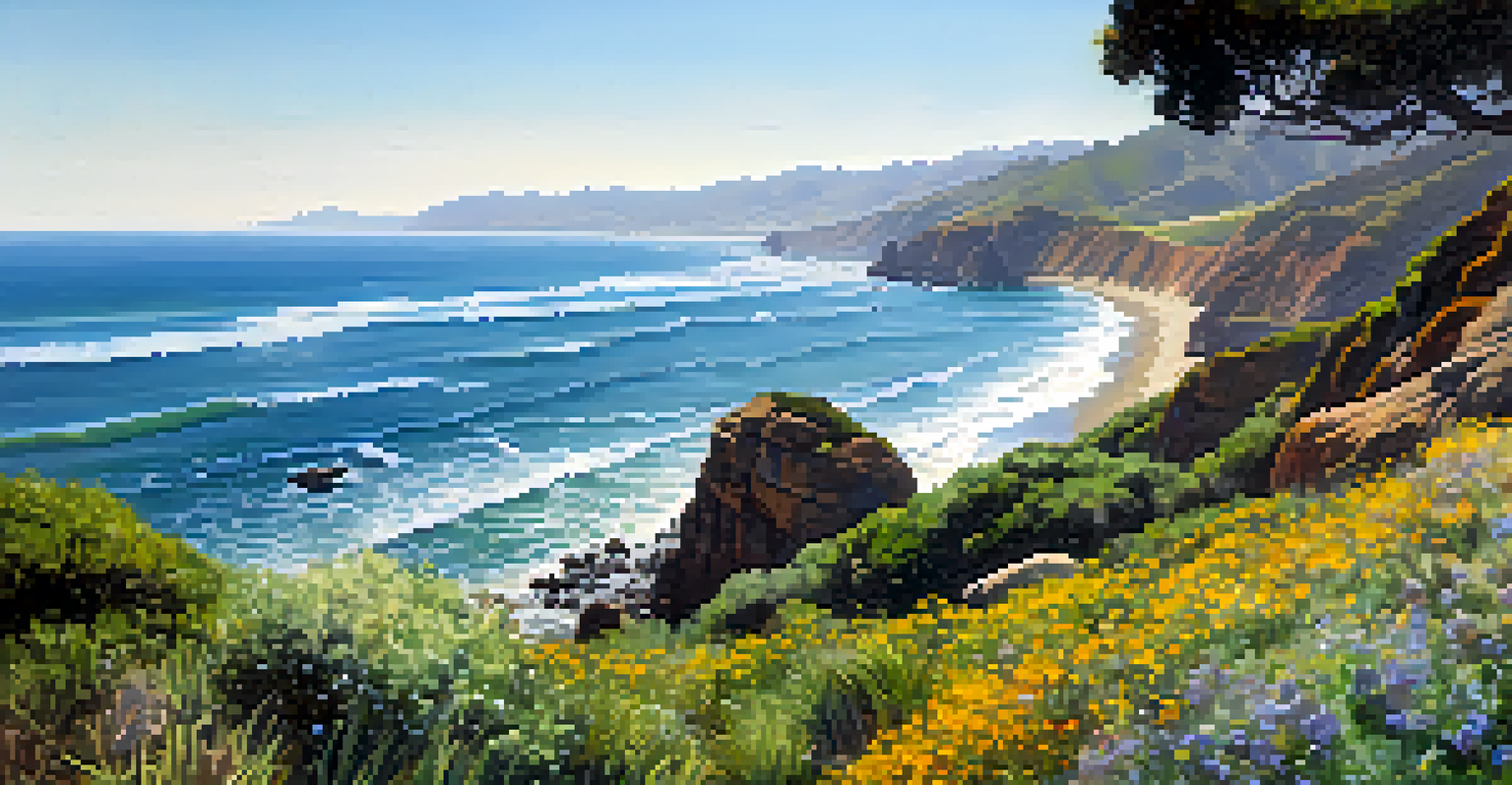 A wide-angle view from Malibu Bluffs Park, showcasing cliffs and the ocean with vibrant greenery in the foreground.