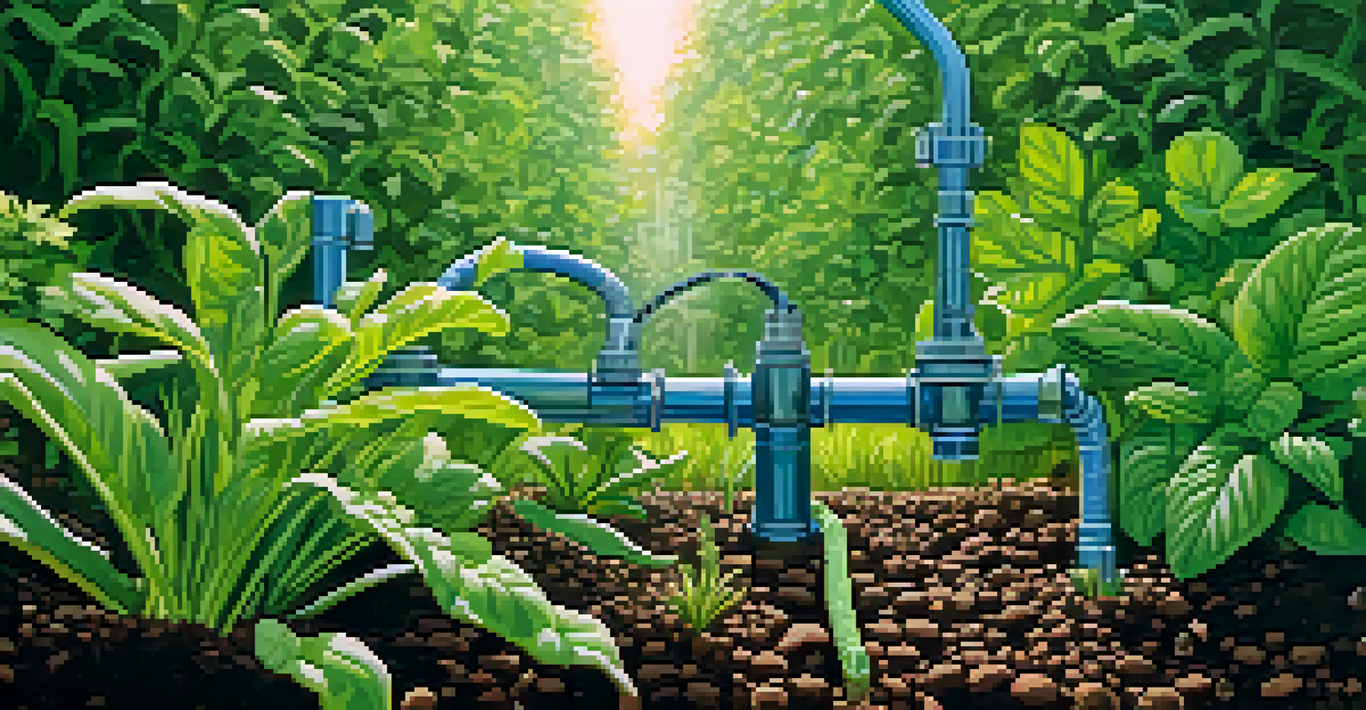 A close-up of a drip irrigation system in a green garden, with water droplets nourishing the roots of plants.