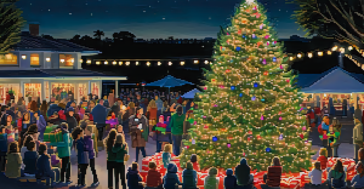 A Christmas tree lighting ceremony in Malibu with families enjoying hot cocoa and musicians performing in the background.