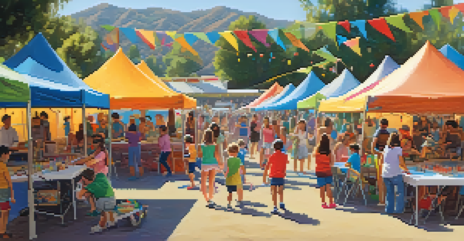 A cheerful family festival atmosphere with children engaged in activities and live music in the background.