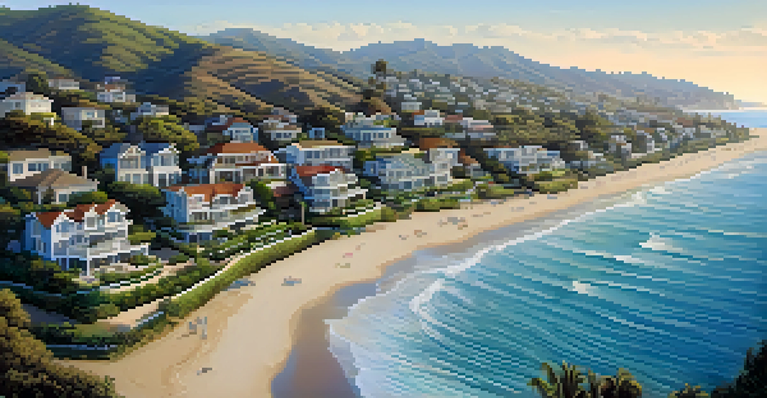An aerial perspective of Malibu Colony showcasing upscale homes, lush greenery, and the ocean in the background.