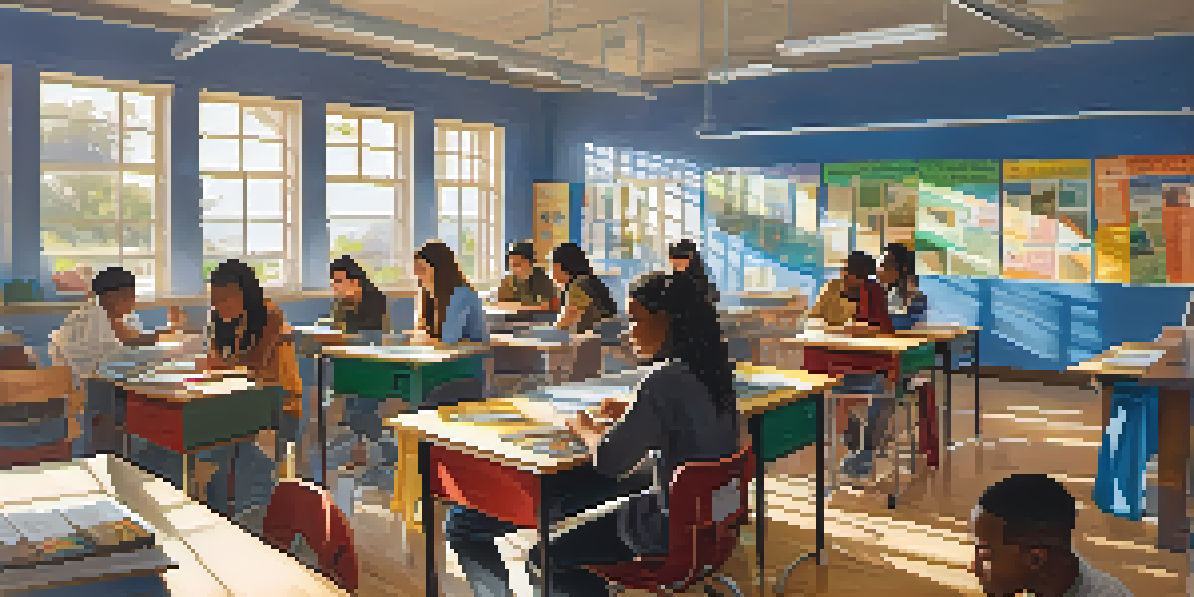 A lively classroom setting at Malibu High School, where students of various backgrounds collaborate on a project under natural light.