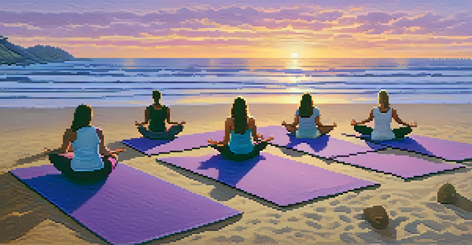 A yoga class on the beach at sunset in Malibu with participants in various poses.
