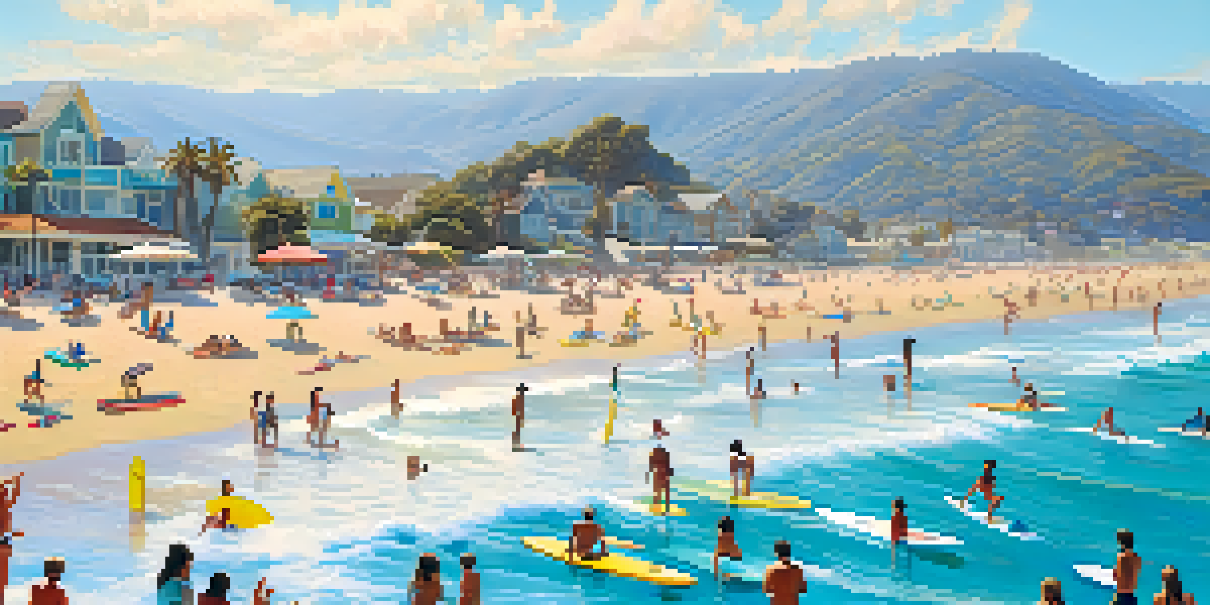 A sunny beach in Malibu with beginner surfers learning on gentle waves, surrounded by an experienced instructor and colorful surfboards.