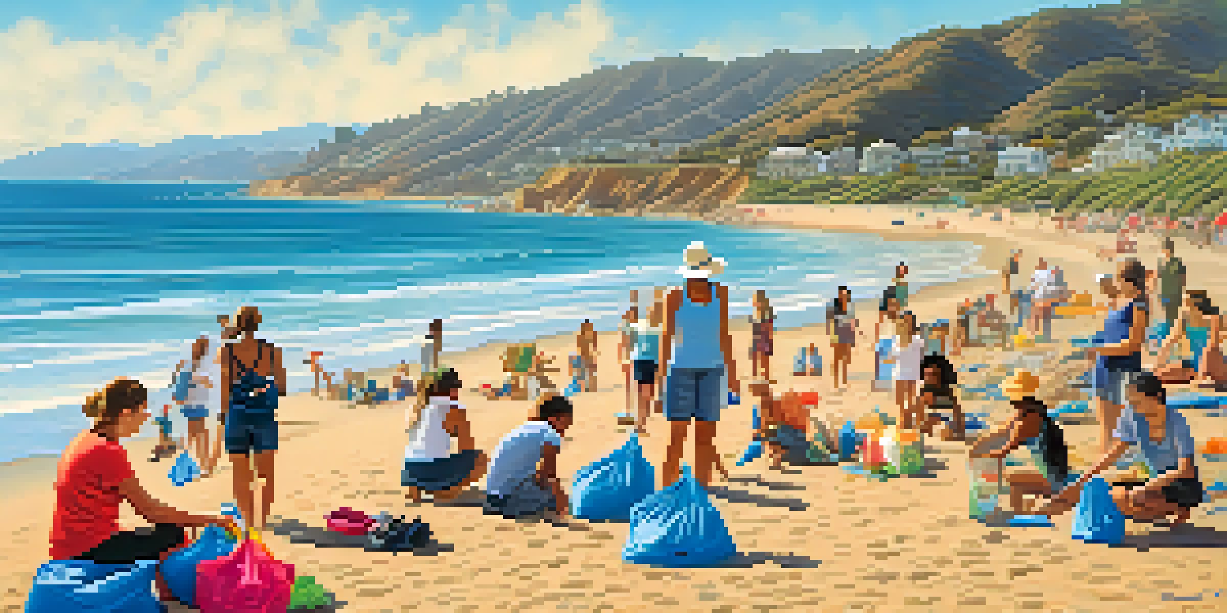 A community of diverse individuals participating in a beach clean-up in Malibu, under a sunny blue sky.