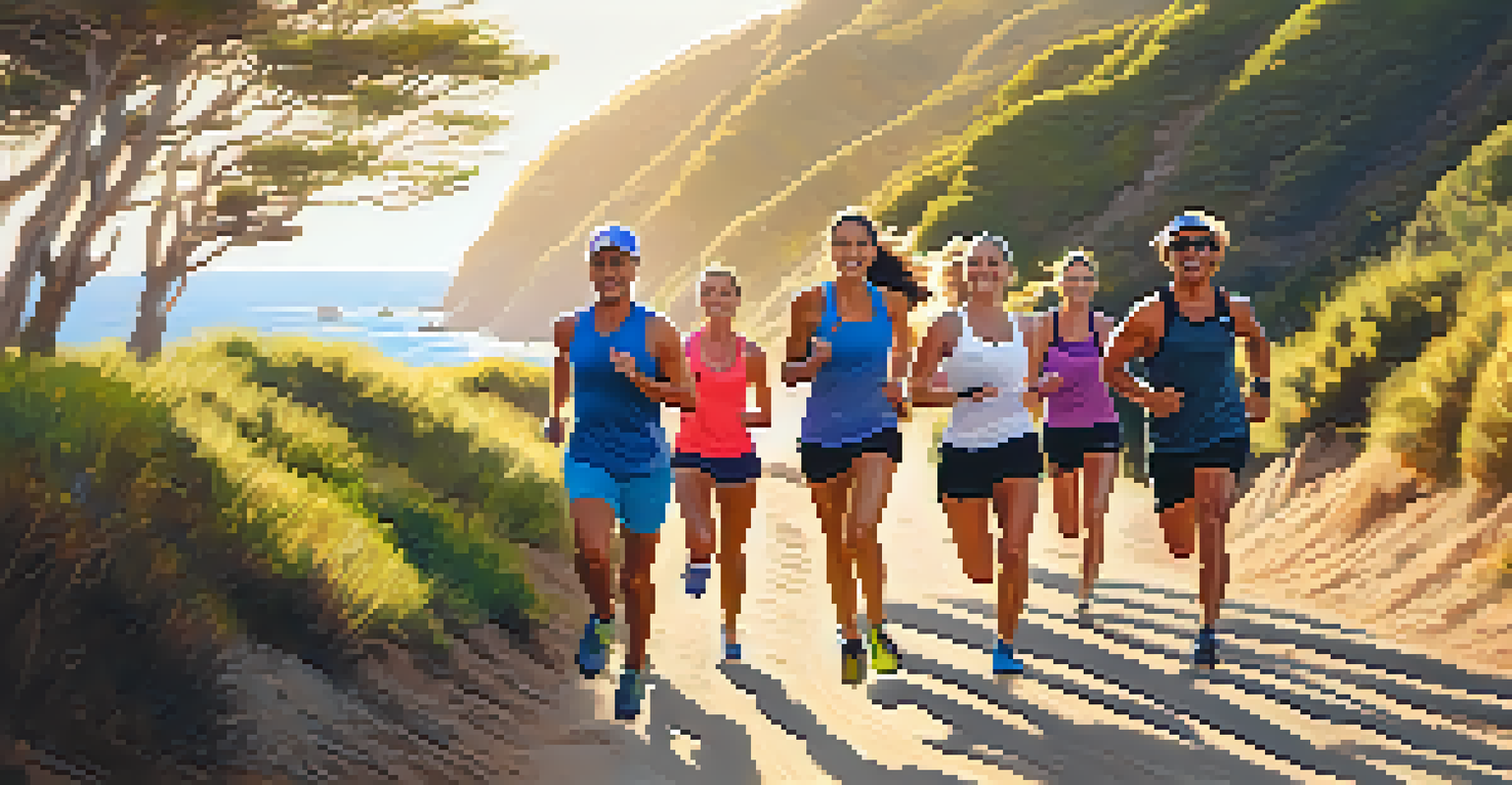 A group of enthusiastic runners participating in an outdoor fitness challenge on a scenic Malibu trail with ocean views and sunlight.