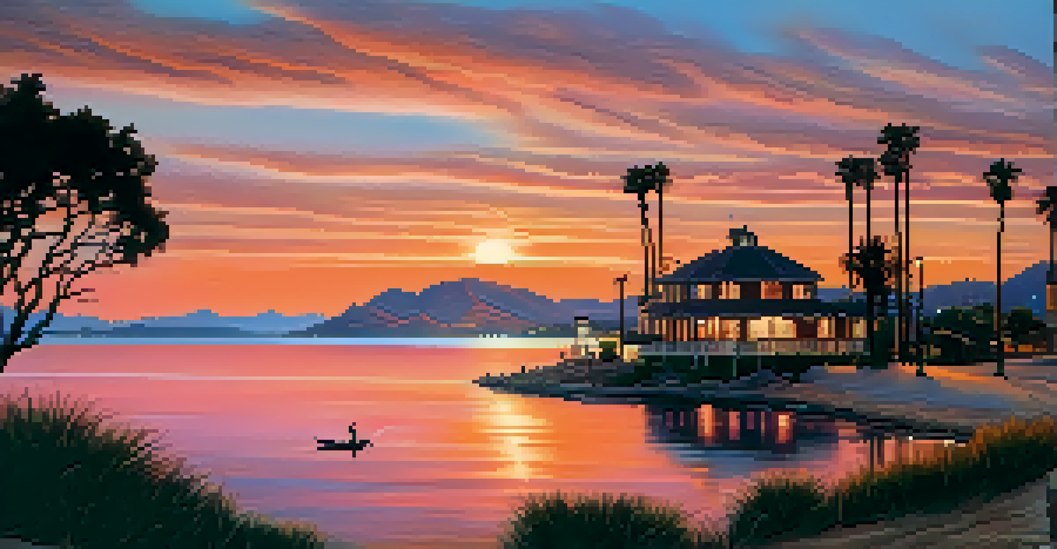 A beautiful sunset view of Malibu Lagoon, highlighting the natural landscape and historic landmarks with people strolling along the shore.