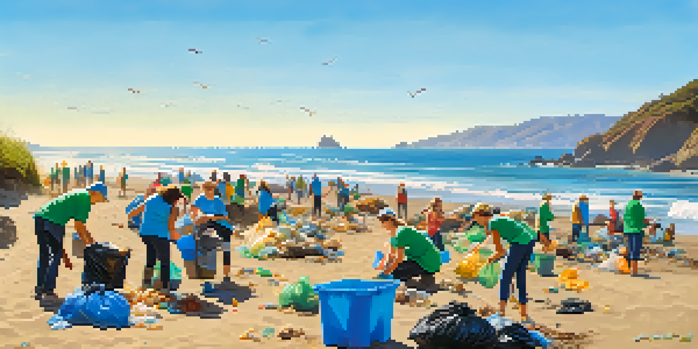 A diverse group of volunteers cleaning up trash on a sunny Malibu beach, with ocean waves and green cliffs in the background.