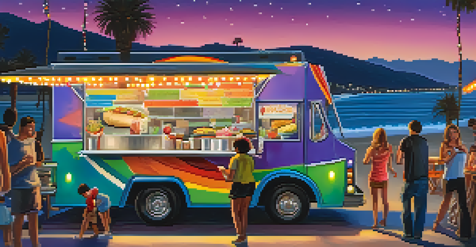 A lively taco food truck in Malibu at night, surrounded by customers with twinkling lights and the ocean in the background.