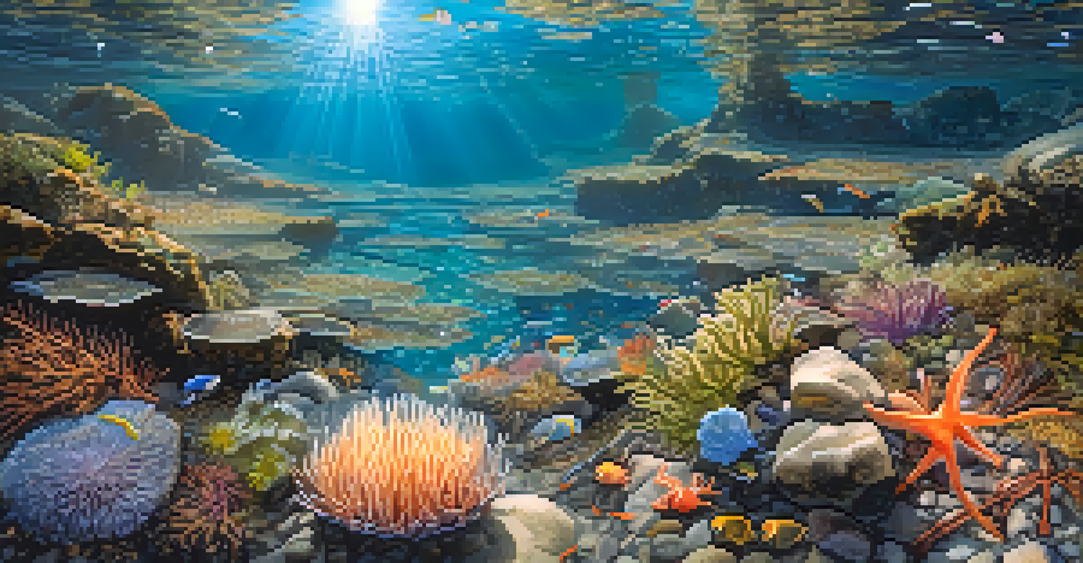 A tide pool at low tide filled with anemones and crabs, surrounded by colorful rocks and seaweed, with sunlight glistening on the water.