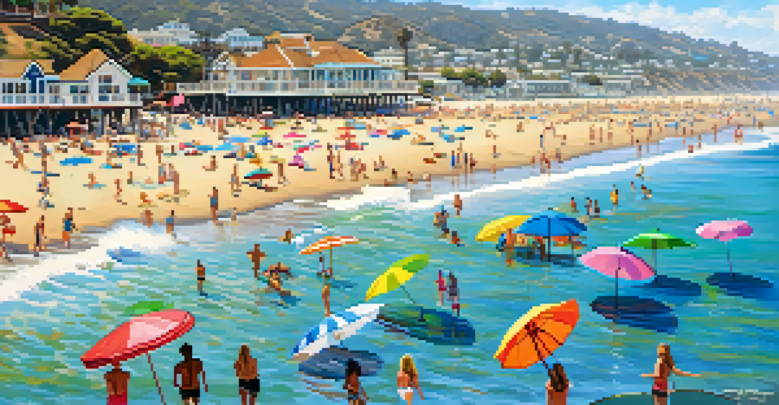 Surfers and visitors enjoying a sunny day at Malibu Pier.