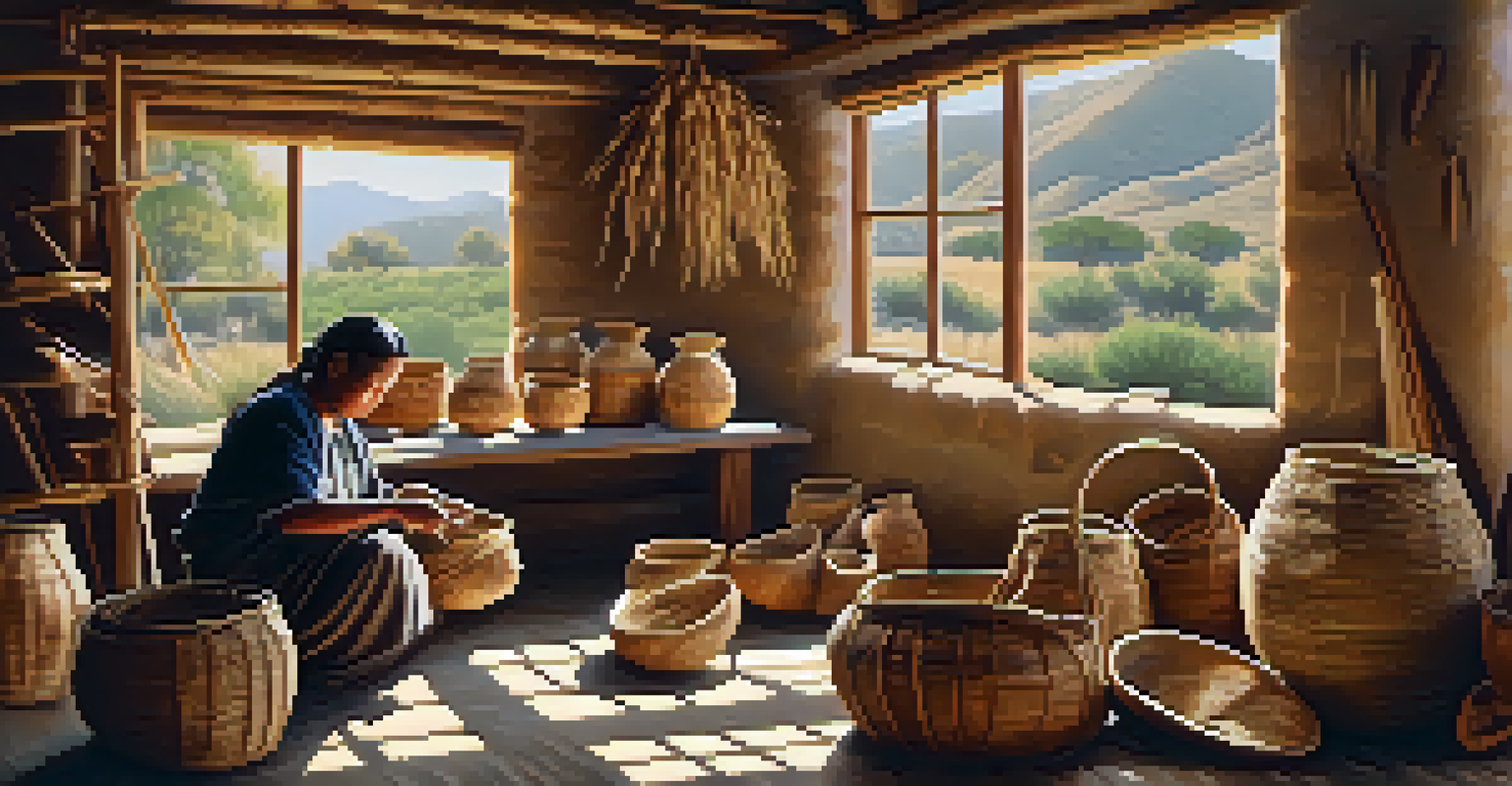 Artisans weaving traditional Chumash baskets in a sunlit workshop, surrounded by natural materials and tools.