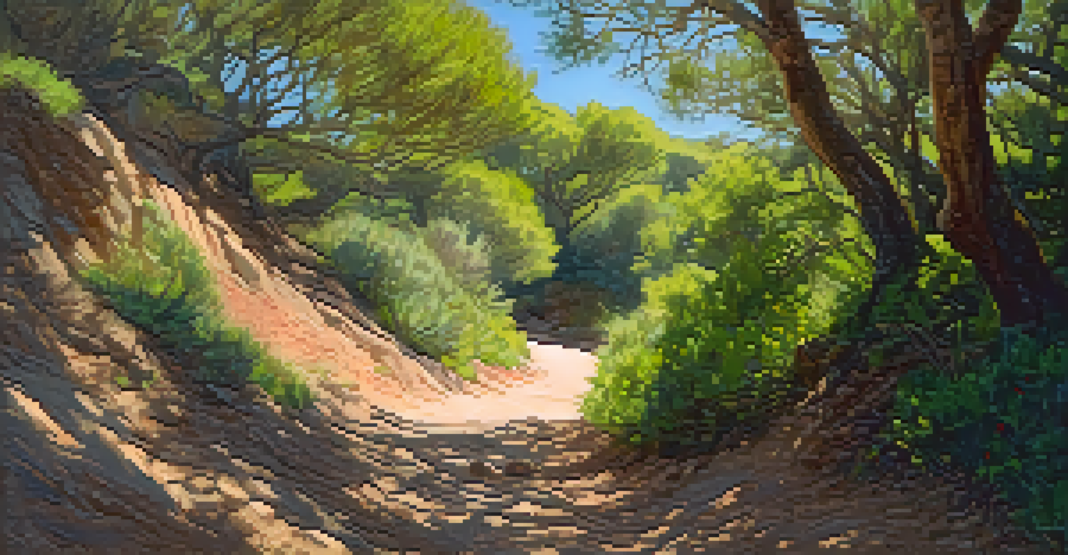 A tranquil hiking trail in Solstice Canyon with a red-tailed hawk soaring above and vibrant wildflowers along the path.