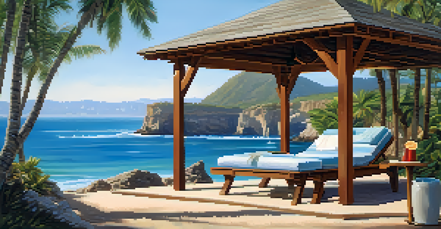 A peaceful beach cabana at Paradise Cove, surrounded by cliffs and clear waters, with a drink and an open book on the table.