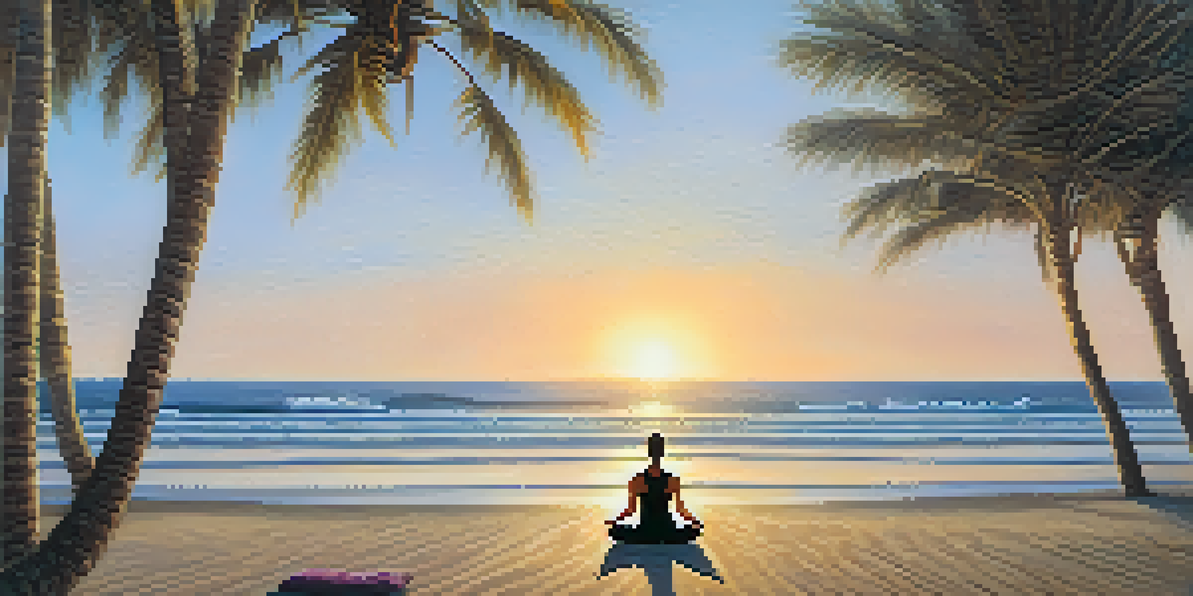 A person practicing yoga on a beach at sunrise, with soft colors in the sky and gentle waves in the background.
